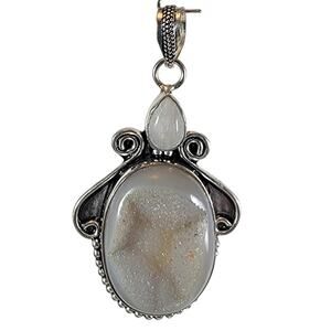 Handmade Silver Pendant With White Druzy Quartz & Flashy Rainbow Moonstone